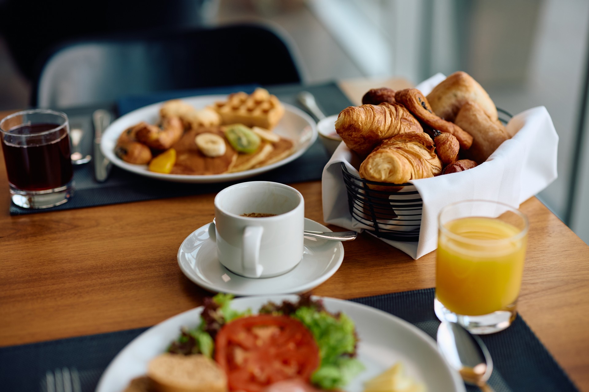 Close up of dining table during breakfast in a hotel.